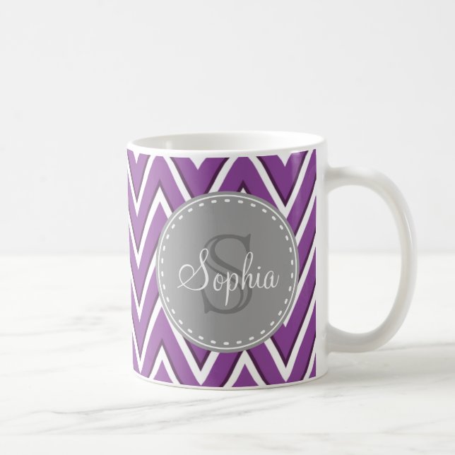 Trendy Purple Chevron Pattern Grey Monogram Coffee Mug (Right)