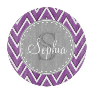 Trendy Purple Chevron Pattern Grey Monogram Cutting Board