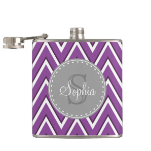 Trendy Purple Chevron Pattern Grey Monogram Hip Flask