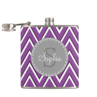 Trendy Purple Chevron Pattern Grey Monogram Hip Flask