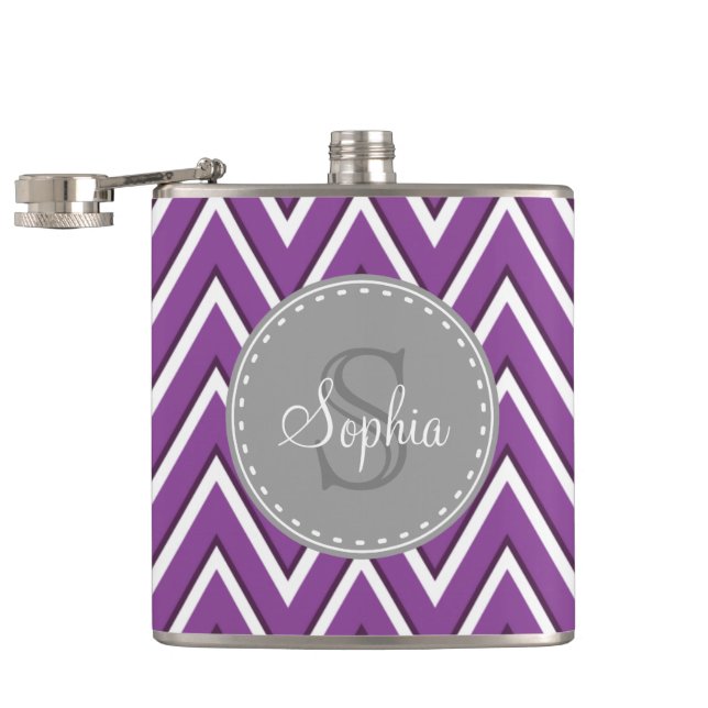 Trendy Purple Chevron Pattern Grey Monogram Hip Flask (Opened)