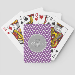 Trendy Purple Chevron Pattern Grey Monogram Playing Cards