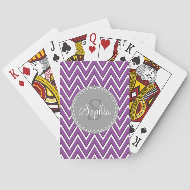 Trendy Purple Chevron Pattern Grey Monogram Playing Cards (Back)