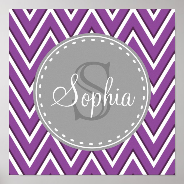 Trendy Purple Chevron Pattern Grey Monogram Poster (Front)