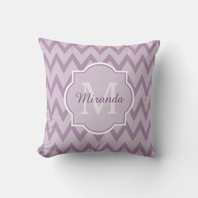 Trendy Purple Chevron Zigzag Name and Monogram Cushion (Front)