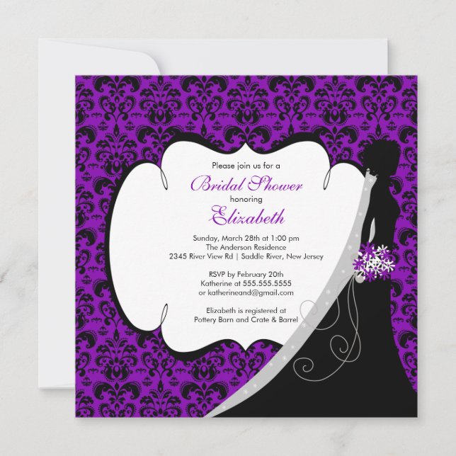Trendy Purple  Damask Bride Bridal Shower Invite (Front)