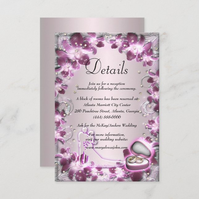 Trendy Purple Floral Chic Wedding Details Enclosure Card (Front/Back)