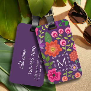 Trendy Purple Floral Pattern with Custom Monogram Luggage Tag