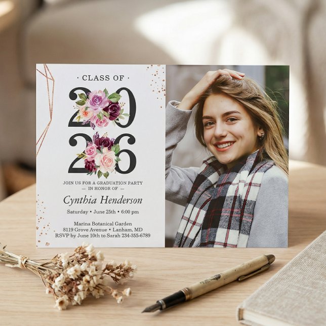 Trendy Purple Floral Rose Gold Photo Graduation Invitation (Creator Uploaded)
