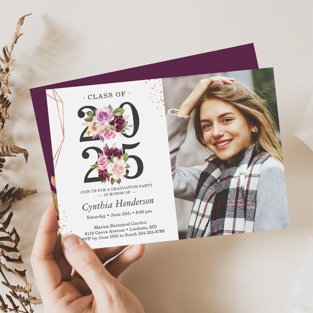 Trendy Purple Floral Rose Gold Photo Graduation Invitation (Creator Uploaded)