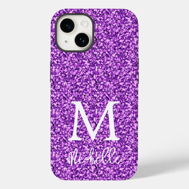 Trendy Purple Glitter Monogram Initial Name Case-Mate iPhone Case (Back)