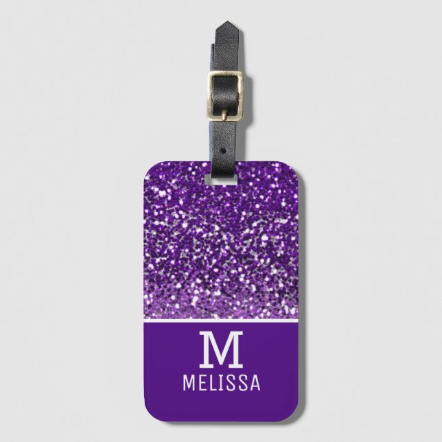 Trendy Purple Glitter Name Monogram Initial Luggage Tag (Front Vertical)