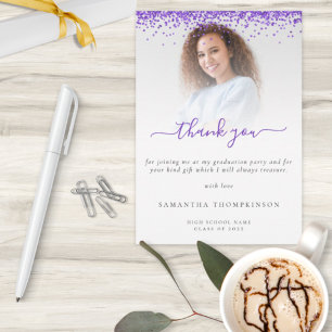 Trendy Purple Glitter Photo Graduation Thank Thank You Card