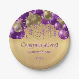 Trendy Purple Gold Balloons Graduation Paper Plate