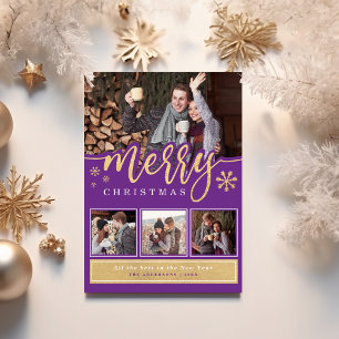 Trendy Purple Gold Merry Christmas Photo Collage Holiday Card