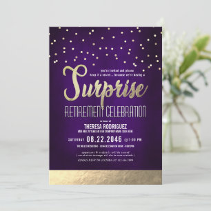 Trendy Purple/Gold Surprise Retirement Party Invitation