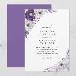 Trendy Purple Grey Watercolor Floral Wedding Invitation