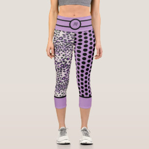 Trendy Purple Leopard Purple Black Polkadot Custom Capri Leggings