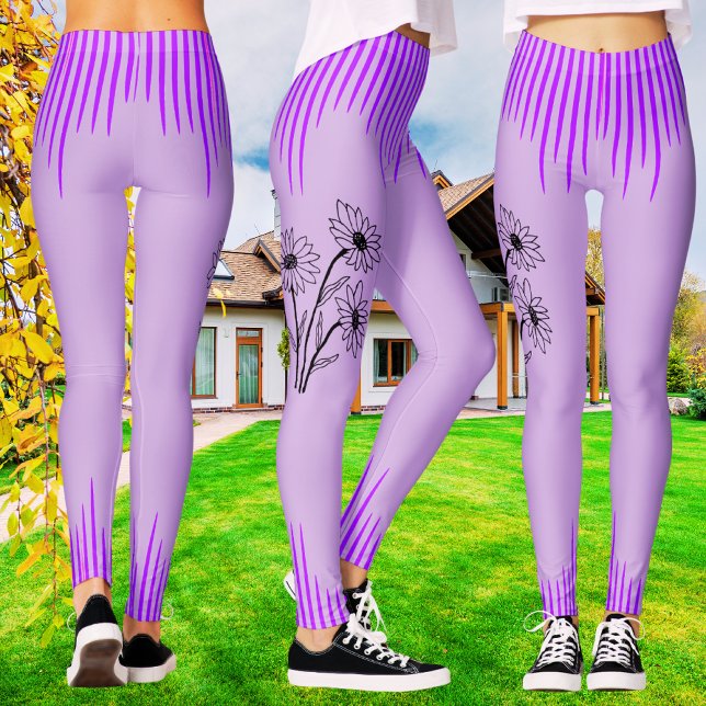 Trendy Purple Lilac Floral Stripe Workout Women's  Leggings (Creator Uploaded)