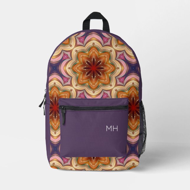 Trendy Purple Mandala Pattern Monogram Initials Printed Backpack (Front)