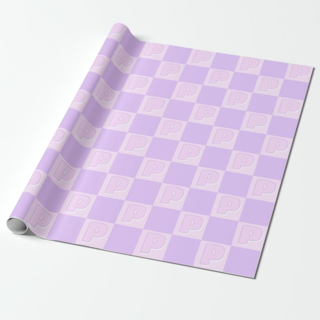 Trendy Purple Monogram Initial Checkerboard Wrapping Paper (Unrolled)