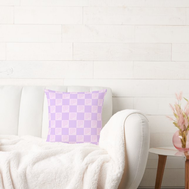 Trendy Purple Monogram Initial Checkered  Cushion (Couch)