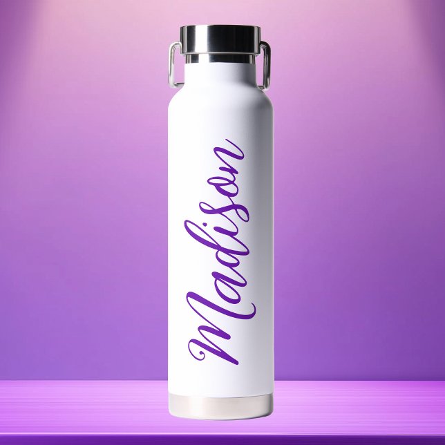 Trendy Purple Name Handwritten Script Custom Water Bottle (Creator Uploaded)