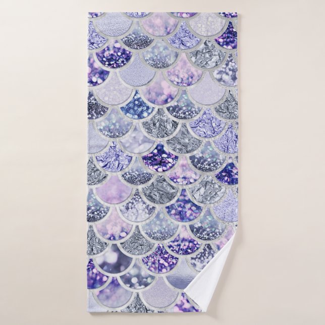 Trendy Purple Ombre Glitter Mermaid Fish Scales Bath Towel Set (Bath Towel)