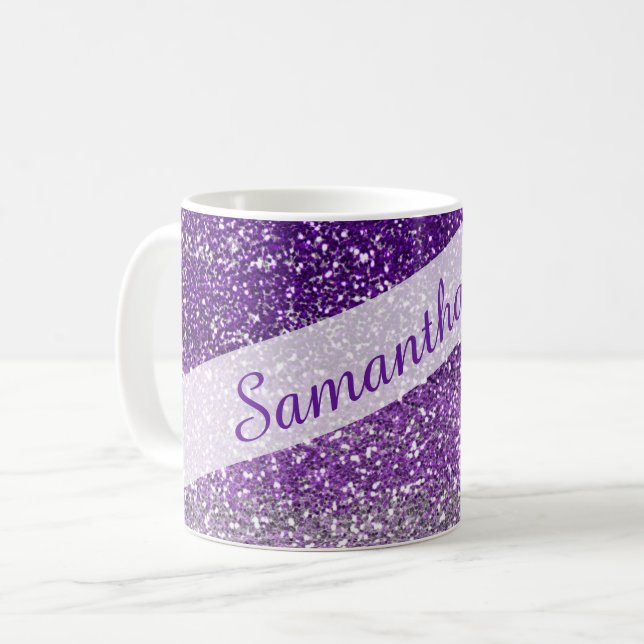 Trendy Purple Ombre Glitter Name Personalized Coffee Mug (Front Left)