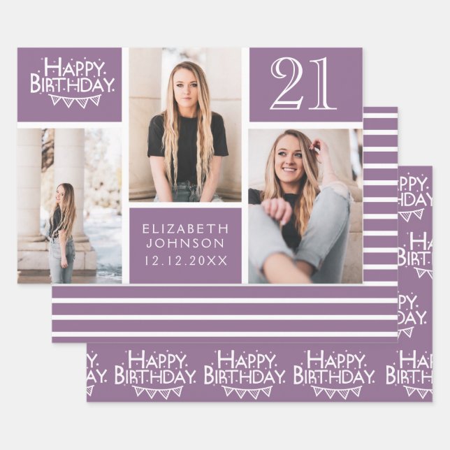 Trendy Purple Photo Collage 21st Birthday  Wrapping Paper Sheet (Set)