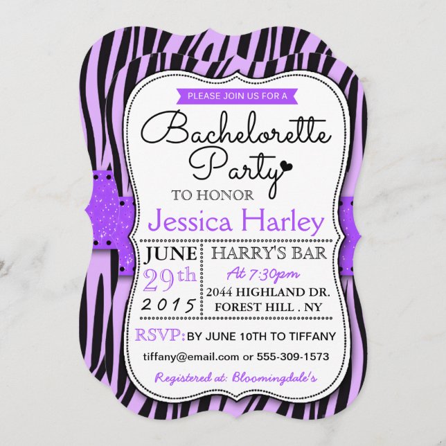 Trendy Purple Zabra Print Bachelorette Party Invitation (Front/Back)