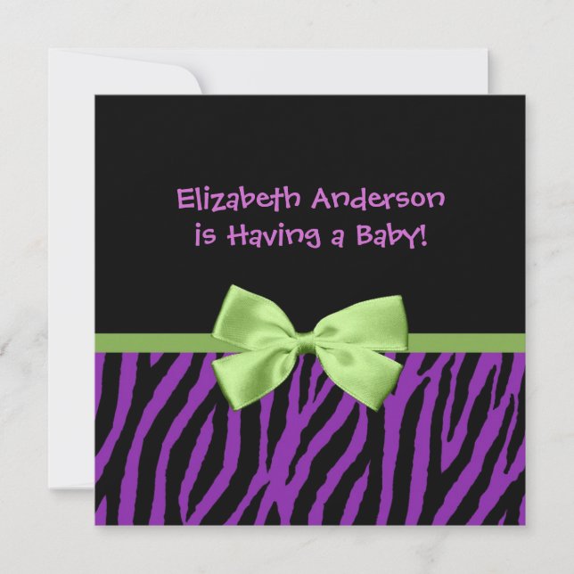 Trendy Purple Zebra Print And Ribbon Baby Shower Invitation (Front)
