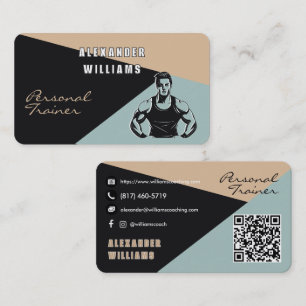 Trendy QRcode Charcoal Sand Teal Personal Trainer Business Card