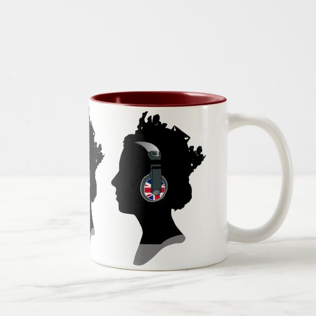 TRENDY QUEEN ELIZABETH WITH UNION JACK HEADPHONES Two-Tone COFFEE MUG (Right)