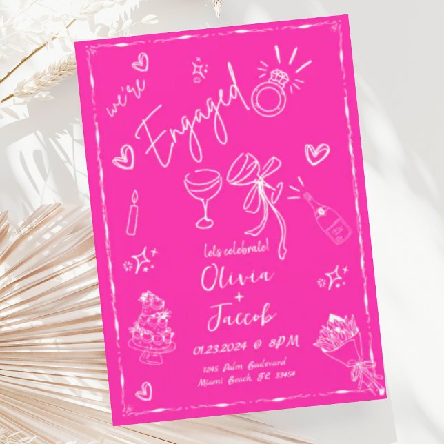 Trendy Quirky Hot Pink Hand Drawn Engagement Party Invitation (Creator Uploaded)