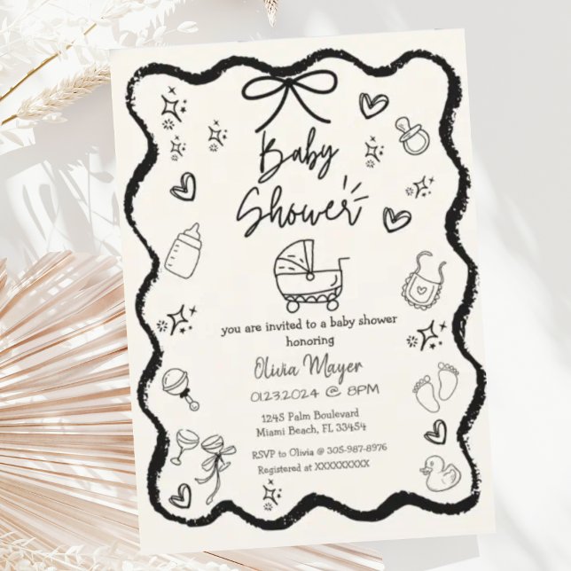 Trendy Quirky Wavy Hand Drawn Bow Baby Shower Invitation (Creator Uploaded)
