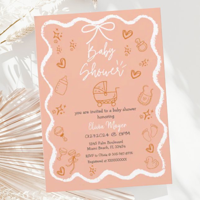 Trendy Quirky Wavy Hand Drawn Bow Baby Shower Invitation (Creator Uploaded)