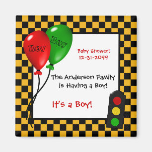 Trendy Race Car Checkers Boy Baby Shower Magnet