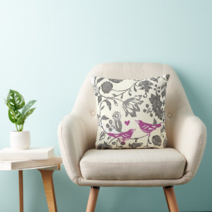 Trendy Radiant Purple and Grey Vintage Floral Bird Cushion