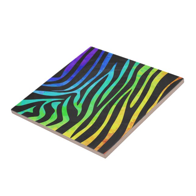 Trendy Rainbow and Black Zebra Animal Print on ele Ceramic Tile (Side)