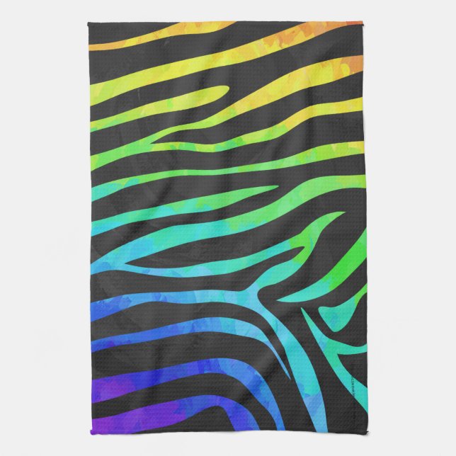 Trendy Rainbow and Black Zebra Animal Print on ele Tea Towel (Vertical)
