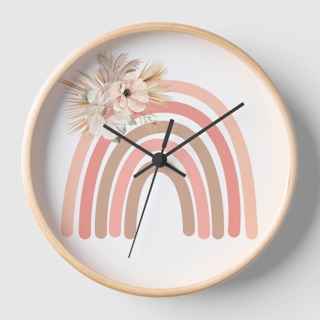 Trendy Rainbow Boho Pink Dried Flowers Clock (Front)
