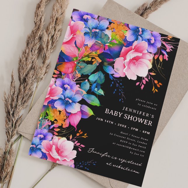 Trendy Rainbow Garden Floral Baby Shower Black Invitation (Trendy Rainbow Garden Floral Baby Shower Black Invitation)