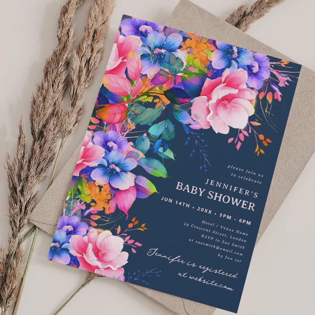Trendy Rainbow Garden Floral Baby Shower Navy Invitation (Trendy Rainbow Garden Floral Baby Shower Navy Invitation)