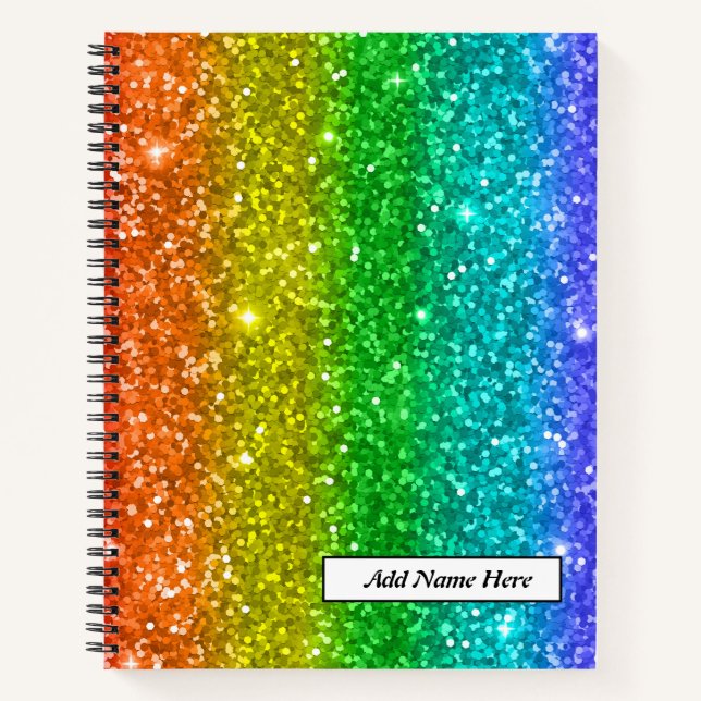 Trendy Rainbow Glitter Customisable Name  Notebook (Front)