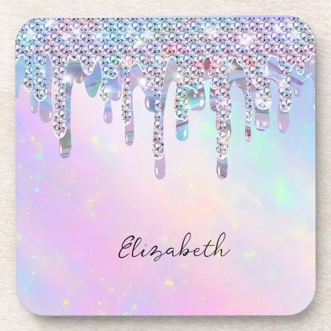 Trendy Rainbow Glitter Drips Holographic Coaster (Front)