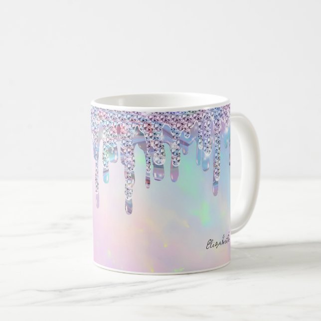 Trendy Rainbow Glitter Drips Holographic Coffee Mug (Front Right)