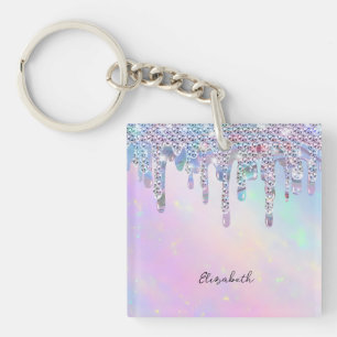 Trendy Rainbow Glitter Drips Holographic Key Ring