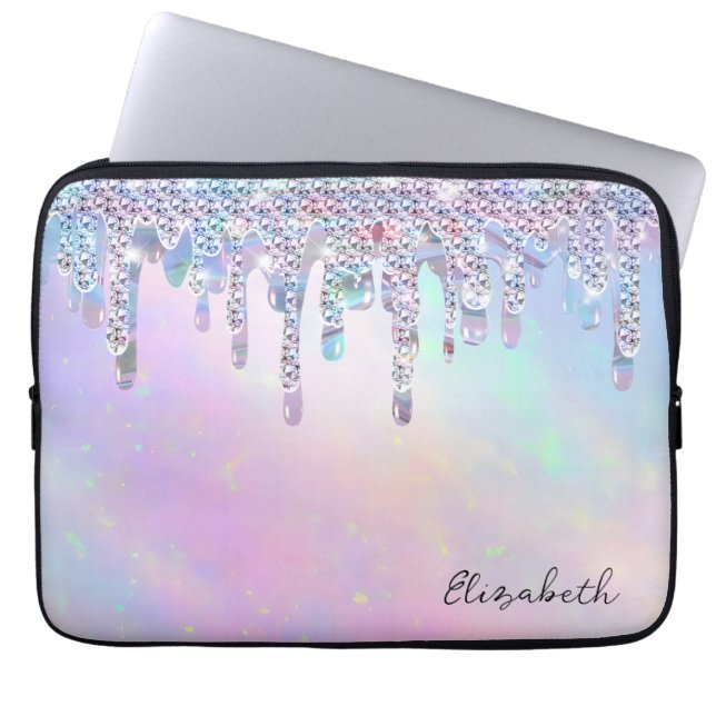Trendy Rainbow Glitter Drips Holographic Laptop Sleeve (Front)