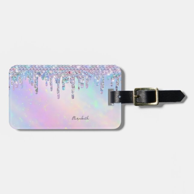 Trendy Rainbow Glitter Drips Holographic Luggage Tag (Front Horizontal)